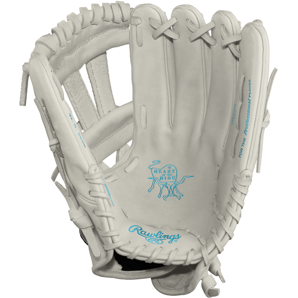 The Rawlings Heart of the Hide 12" Frost DSG Exclusive Fastpitch Glove (PRO120SB-7WCBDSG) features a white design with blue stitching, visible laces, and logo on the palm side—crafted by Rawlings for premium softball performance.