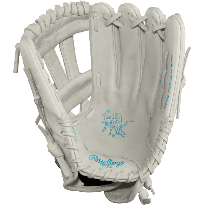 The Rawlings Heart of the Hide 12" Frost DSG Exclusive Fastpitch Glove (PRO120SB-7WCBDSG) features a white design with blue stitching, visible laces, and logo on the palm side—crafted by Rawlings for premium softball performance.