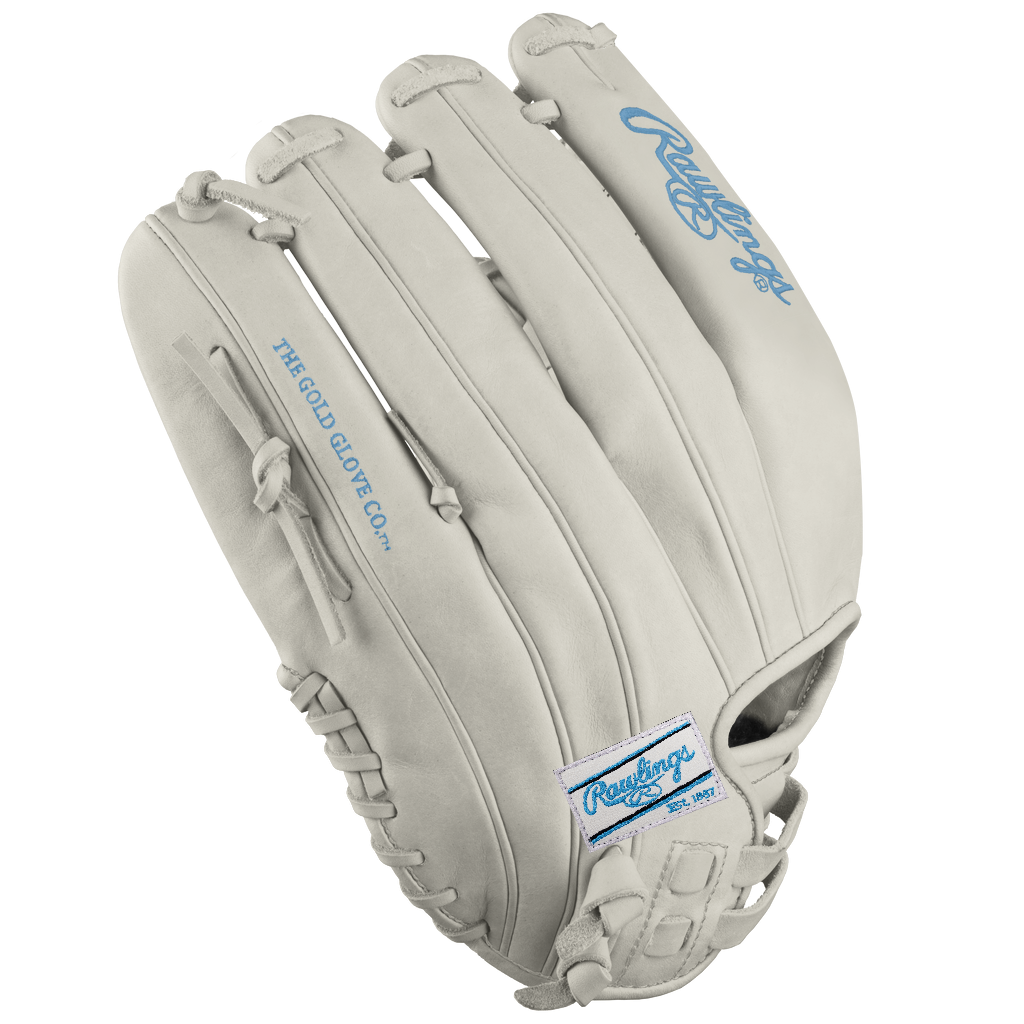 A Rawlings Heart of the Hide 12" Frost DSG Exclusive Fastpitch Glove (PRO120SB-7WCBDSG) by Rawlings rests on a white background, highlighting its premium craftsmanship and softball-ready design.