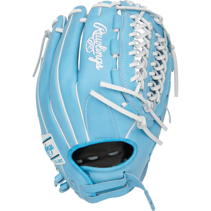 The Rawlings Heart of the Hide 12.5" Fastpitch Glove (PRO125SB-15CB) in light blue with white laces and stitching is shown from an angled side view on a plain white background.