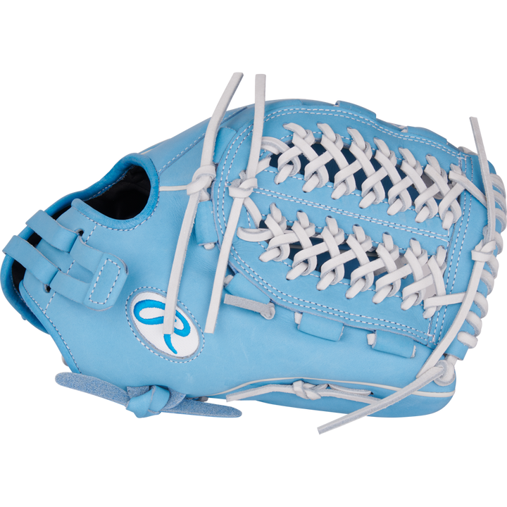 The Rawlings Heart of the Hide 12.5" Fastpitch Glove (PRO125SB-15CB) features a light blue design with white laces and a stylized R logo, displayed against a plain white background.