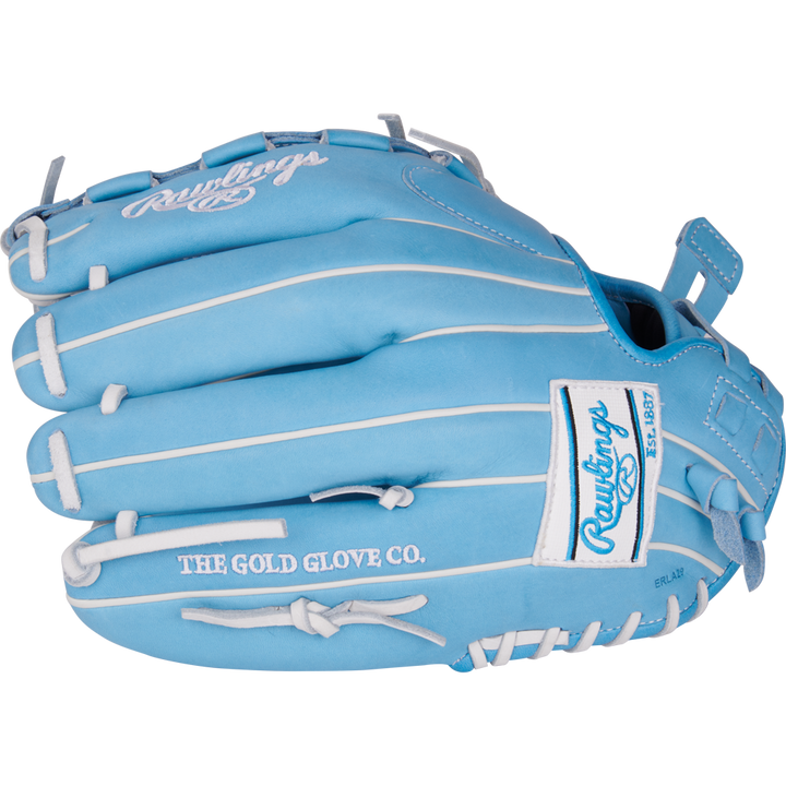 The Rawlings Heart of the Hide 12.5" Fastpitch Glove (PRO125SB-15CB) features a light blue design with white laces, âThe Gold Glove Co.â and Rawlings logo embroidered on the side.