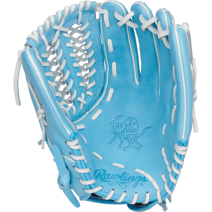The Rawlings Heart of the Hide 12.5" Fastpitch Glove (PRO125SB-15CB) features light blue leather, white laces, and the Rawlings logo stamped on the palm.