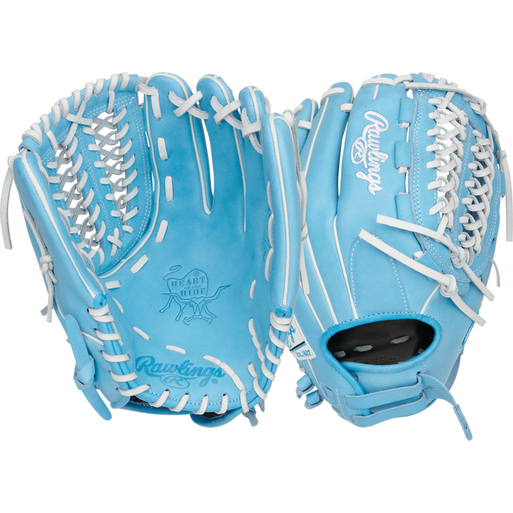 A pair of Rawlings Heart of the Hide 12.5" Fastpitch Gloves (PRO125SB-15CB) in light blue with white laces and branding, shown palm-up and back-up on a white background.