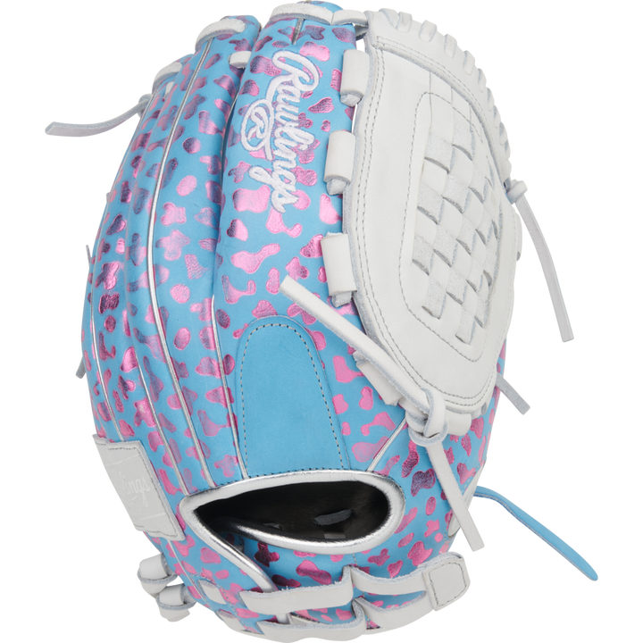 The Rawlings Heart of the Hide 12.5" Fastpitch Glove (PRO125SB-3CBW) features a blue and pink leopard print design with white leather accents, lacing, and a pink-stitched Rawlings logo.