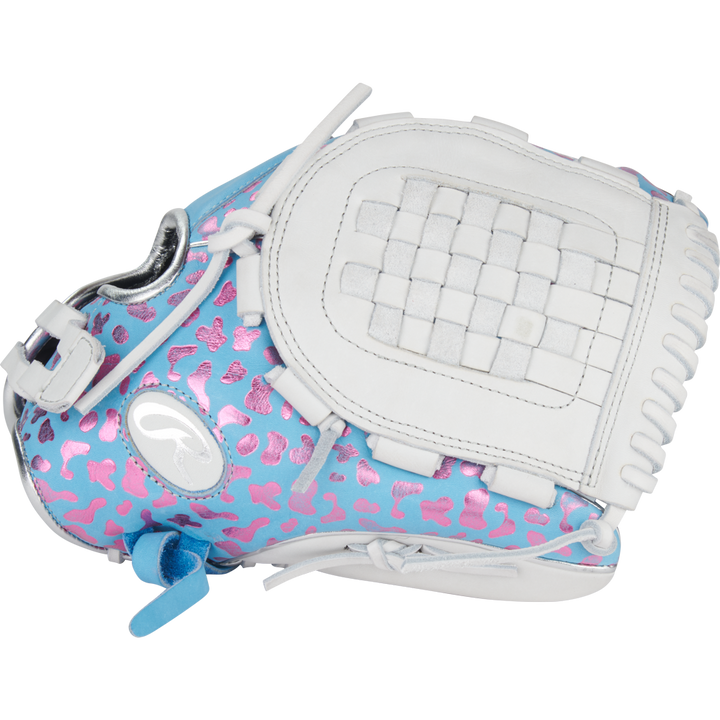 The Rawlings Heart of the Hide 12.5" Fastpitch Glove (PRO125SB-3CBW) features a blue and pink design with white laces, trim, webbing, and eye-catching pink animal prints.