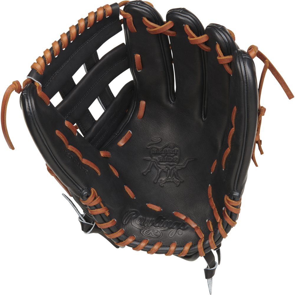 The Rawlings Heart of the Hide 13" Slowpitch Glove (RPRO130SP-6B) is a black leather glove with tan laces and an embossed Rawlings logo on the palm.
