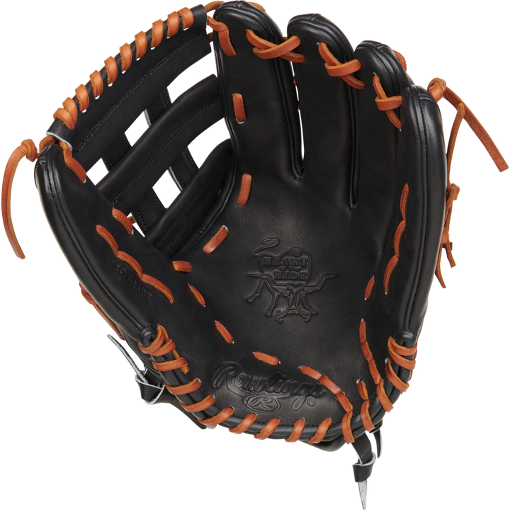 The Rawlings Heart of the Hide 13" Slowpitch Glove (RPRO130SP-6B) is a black leather glove with tan laces and an embossed Rawlings logo on the palm.