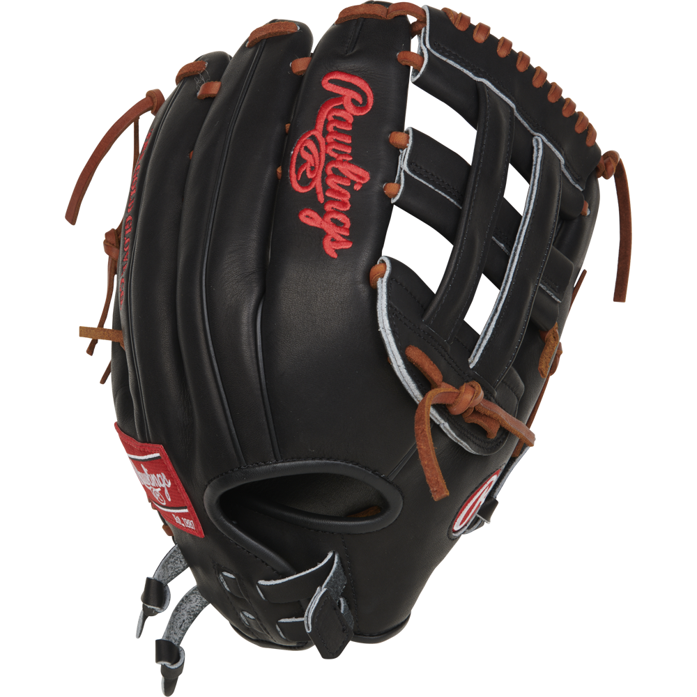 The Rawlings Heart of the Hide 13" Slowpitch Glove (RPRO130SP-6B) features a black design with brown laces, red embroidery, an open web, and a wrist strap patch.