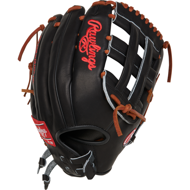 The Rawlings Heart of the Hide 13" Slowpitch Glove (RPRO130SP-6B) features a black design with brown laces, red embroidery, an open web, and a wrist strap patch.