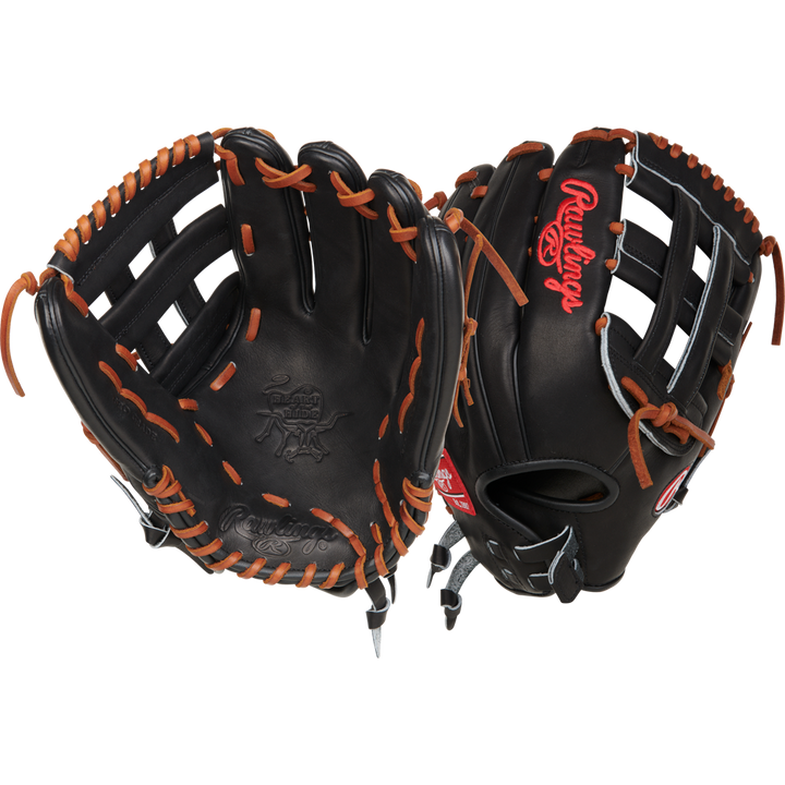 A pair of Rawlings Heart of the Hide 13" Slowpitch Gloves (RPRO130SP-6B) in black with brown laces and red logos, shown front and back on a white background.