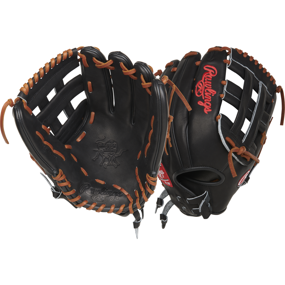A pair of Rawlings Heart of the Hide 13" Slowpitch Gloves (RPRO130SP-6B) in black with brown laces and red logos, shown front and back on a white background.
