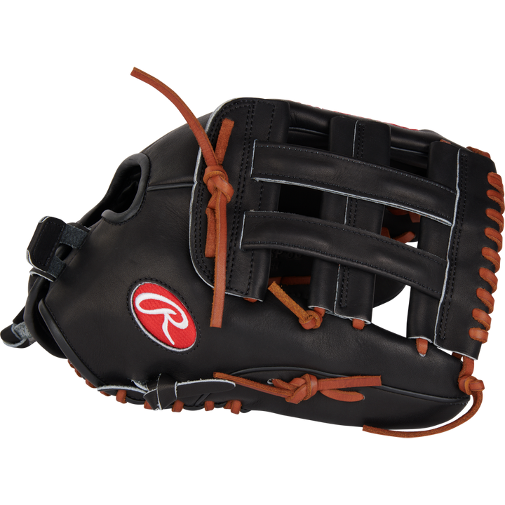 The Rawlings Heart of the Hide 13" Slowpitch Glove (RPRO130SP-6B), a black leather glove with brown laces and the signature red and white logo, is shown against a plain white background.