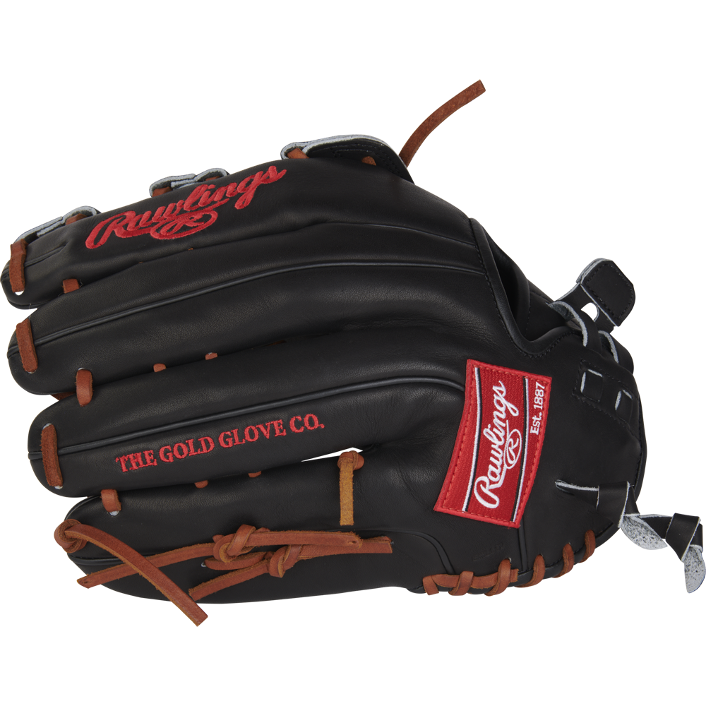 The Rawlings Heart of the Hide 13" Slowpitch Glove (RPRO130SP-6B) features a black design with brown laces, red and white patches, "THE GOLD GLOVE CO." on the side, and silver accents on closed finger loops.