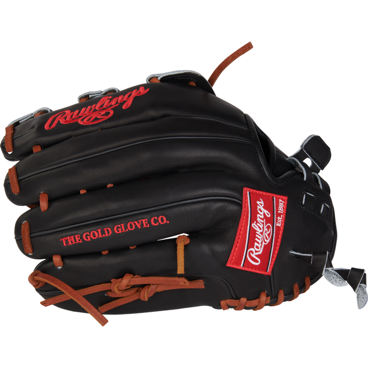 The Rawlings Heart of the Hide 13" Slowpitch Glove (RPRO130SP-6B) features a black design with brown laces, red and white patches, "THE GOLD GLOVE CO." on the side, and silver accents on closed finger loops.