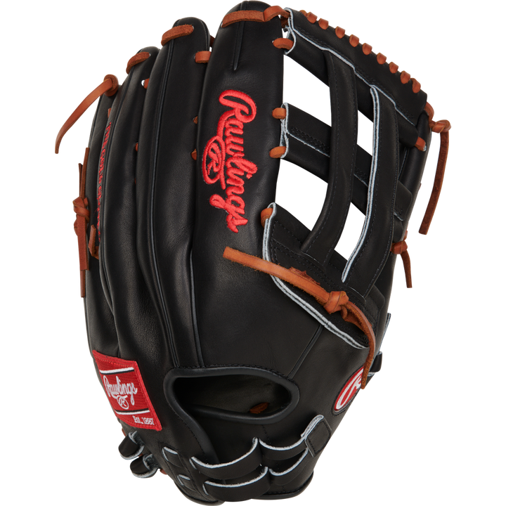 The Rawlings Heart of the Hide 14" Slowpitch Glove (RPRO140SP-6B) features a black design with brown laces, red embroidered logo, open web, and white finger stitching.