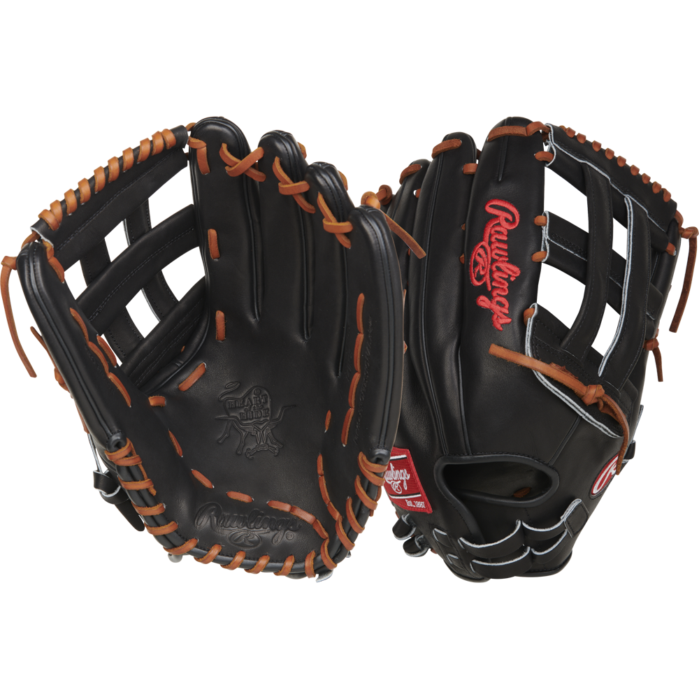 Two black Rawlings Heart of the Hide 14" Slowpitch Gloves (RPRO140SP-6B), featuring brown laces and red Rawlings logos, are shown from both palm and back sides on a white background.