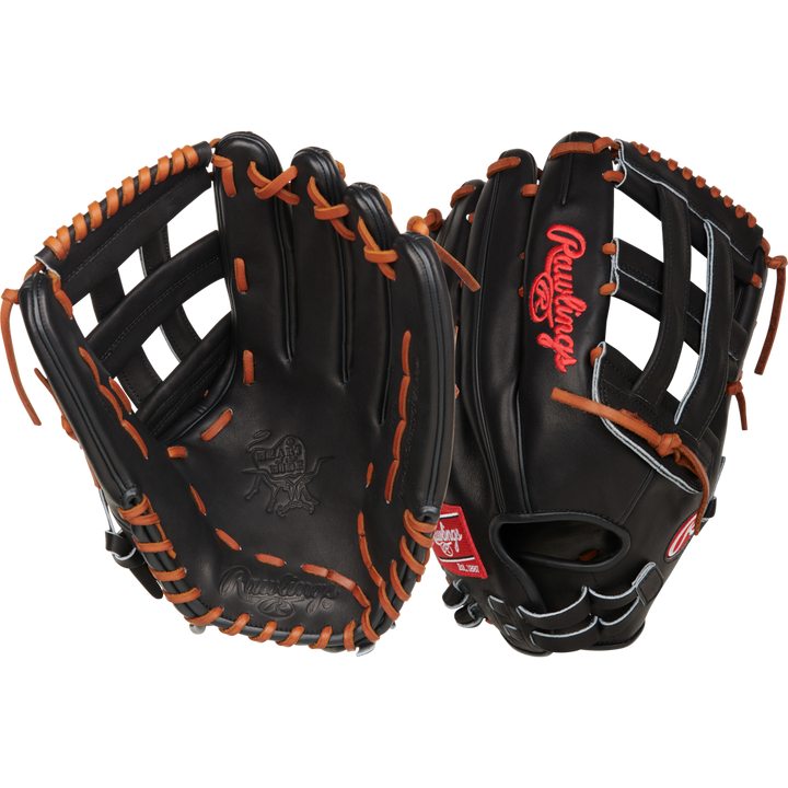 Two black Rawlings Heart of the Hide 14" Slowpitch Gloves (RPRO140SP-6B), featuring brown laces and red Rawlings logos, are shown from both palm and back sides on a white background.