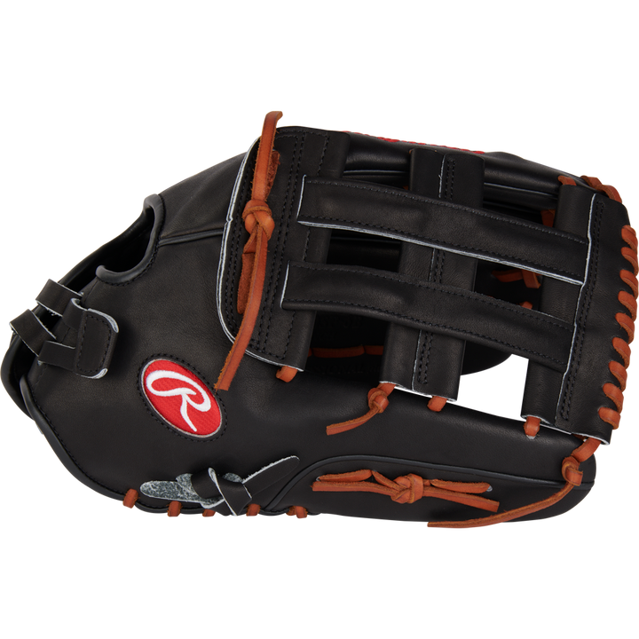The Rawlings Heart of the Hide 14" Slowpitch Glove (RPRO140SP-6B) features black leather, brown laces, and a red Rawlings logo patch on the side, shown against a white background.