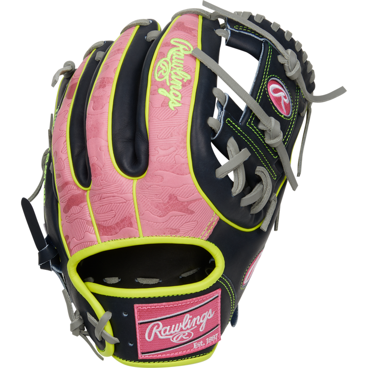The Rawlings Heart of the Hide 11.75" Baseball Glove (PRO315-2NPY) features a stylish pink and black design, delivering top performance and durability for infielders on the diamond.