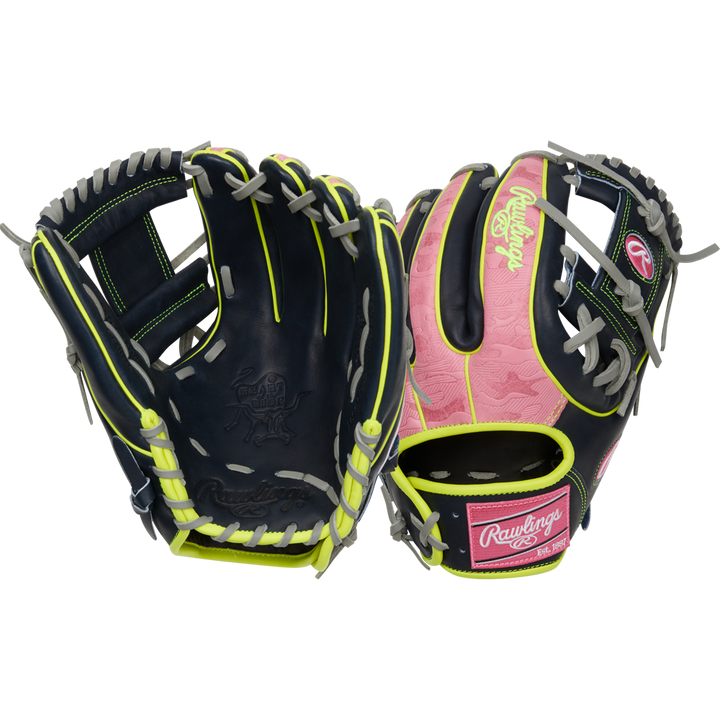 Two Rawlings Heart of the Hide 11.75" gloves: one features a black palm with yellow and gray laces, the other has a pink back accented with black, yellow, and gray plus white Rawlings logos.