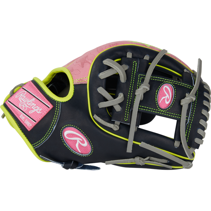The Rawlings Heart of the Hide 11.75" Baseball Glove (PRO315-2NPY) showcases black leather with neon yellow piping, gray laces, and pink accents—including the Rawlings logo—displayed on a plain white background.