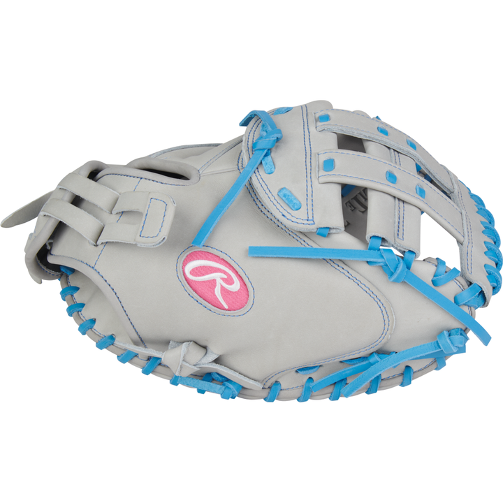 The Rawlings Heart of the Hide 33" Fastpitch Catcher's Mitt (PROCM33FP-24GCB) features a gray design with blue laces and a pink Rawlings logo on the palm, shown against a white background.