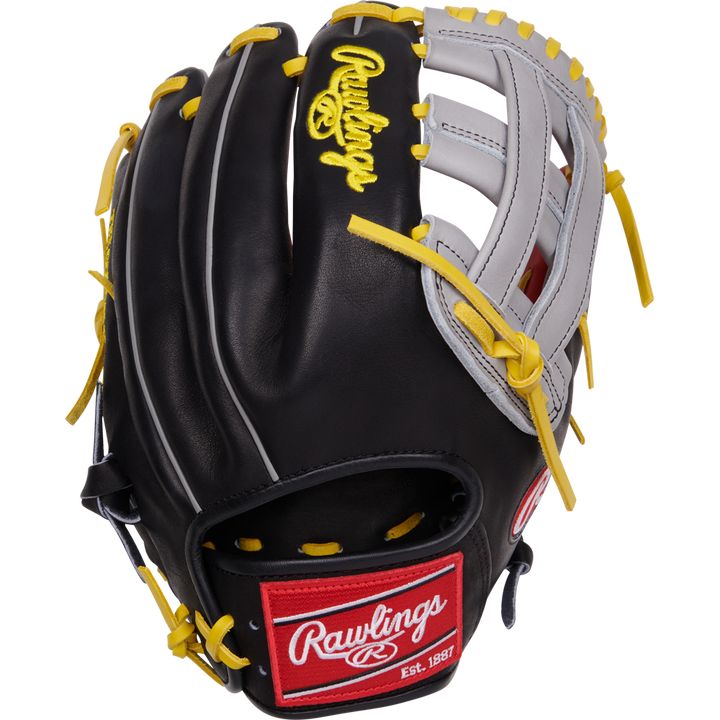 The Rawlings Heart of the Hide 12.25" Baseball Glove (PROKB17SB, August 2024) features a striking black and yellow design from the iconic Heart of the Hide series.