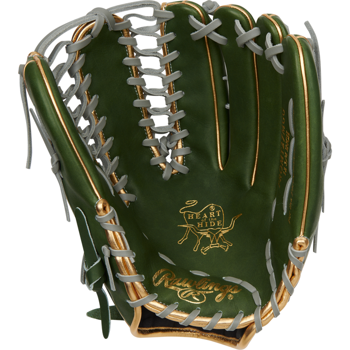 A Rawlings Heart of the Hide 12.75" PROMT27MGG outfielders glove in green with gold accents, gray lacing, and tan inner lining is shown against a plain white background.