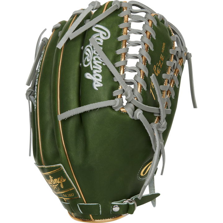 The Rawlings Heart of the Hide 12.75" Baseball Glove (PROMT27MGG), featuring green leather, gray laces, gold trim, and white logos, is displayed from a side angle against a plain background.