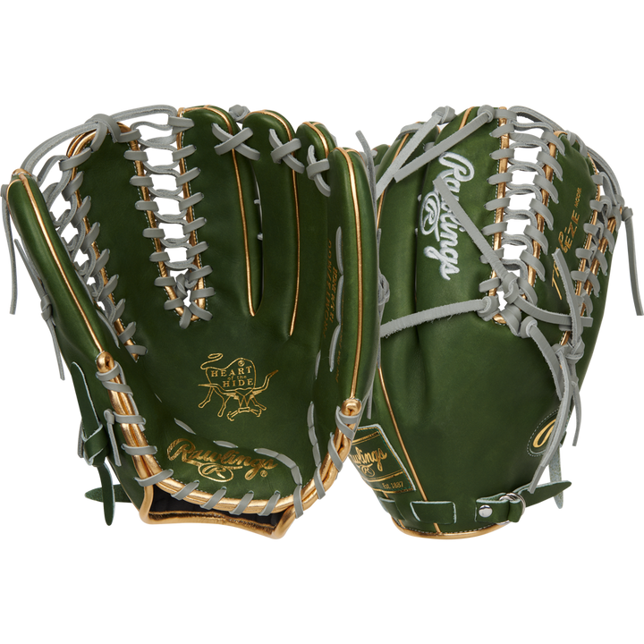 Two Rawlings Heart of the Hide 12.75" baseball gloves (RGGC September 2024: PROMT27MGG) in forest green with gold trim and gray laces are shown, displaying both palm and back sides—perfect for outfielders wanting style and performance.
