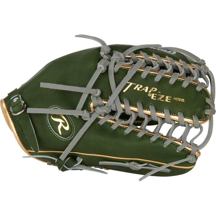 The Rawlings Heart of the Hide 12.75" Baseball Glove (PROMT27MGG) in green with gray laces and gold accents features a Trap-Eze Model label—ideal for outfielders. Part of the September 2024 RGGC collection.