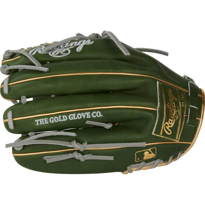 The Rawlings Heart of the Hide 12.75" Baseball Glove (PROMT27MGG), featuring green leather, gold trim, gray laces, and "THE GOLD GLOVE CO." on the side, is shown against a white background.