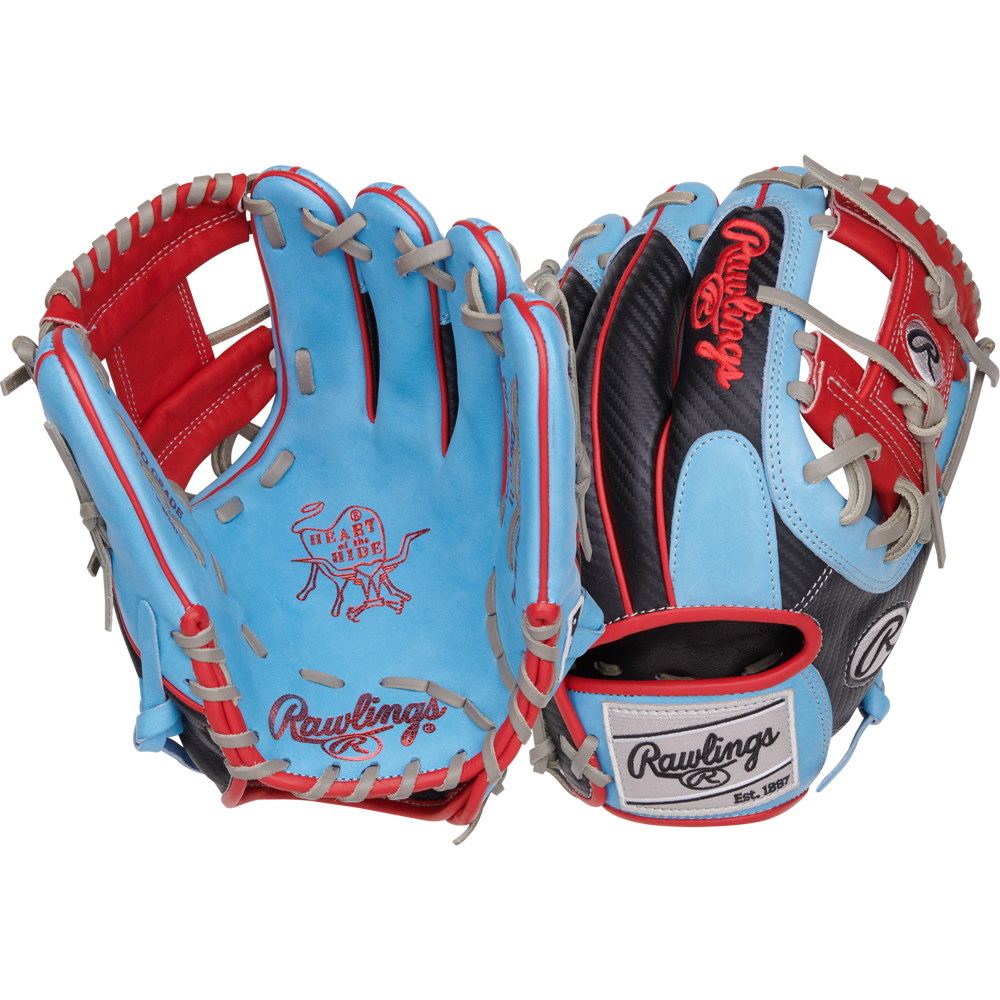 Two Rawlings Heart of the Hide 11.5" Baseball Gloves (PROR204-2CBS) are shown: one with a blue/red palm, grey laces, and bull logo; the other with a black/blue/red back, Rawlings logo, and white adjustable strap—ideal for infielders.