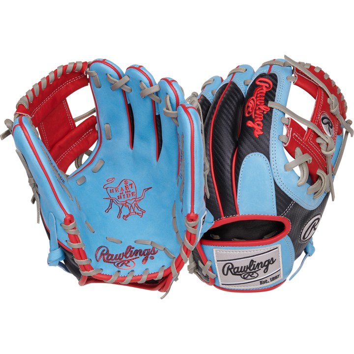 Two Rawlings Heart of the Hide 11.5" Baseball Gloves (PROR204-2CBS) are shown: one with a blue/red palm, grey laces, and bull logo; the other with a black/blue/red back, Rawlings logo, and white adjustable strapâideal for infielders.