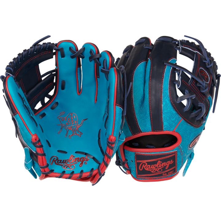 Two Rawlings Heart of the Hide 11.5" Color Sync Baseball Gloves (PROR204-2TE) in teal and black with red accents are displayed front and back, highlighting decorative stitching, unique patterns, and signature ColorSync detailing.
