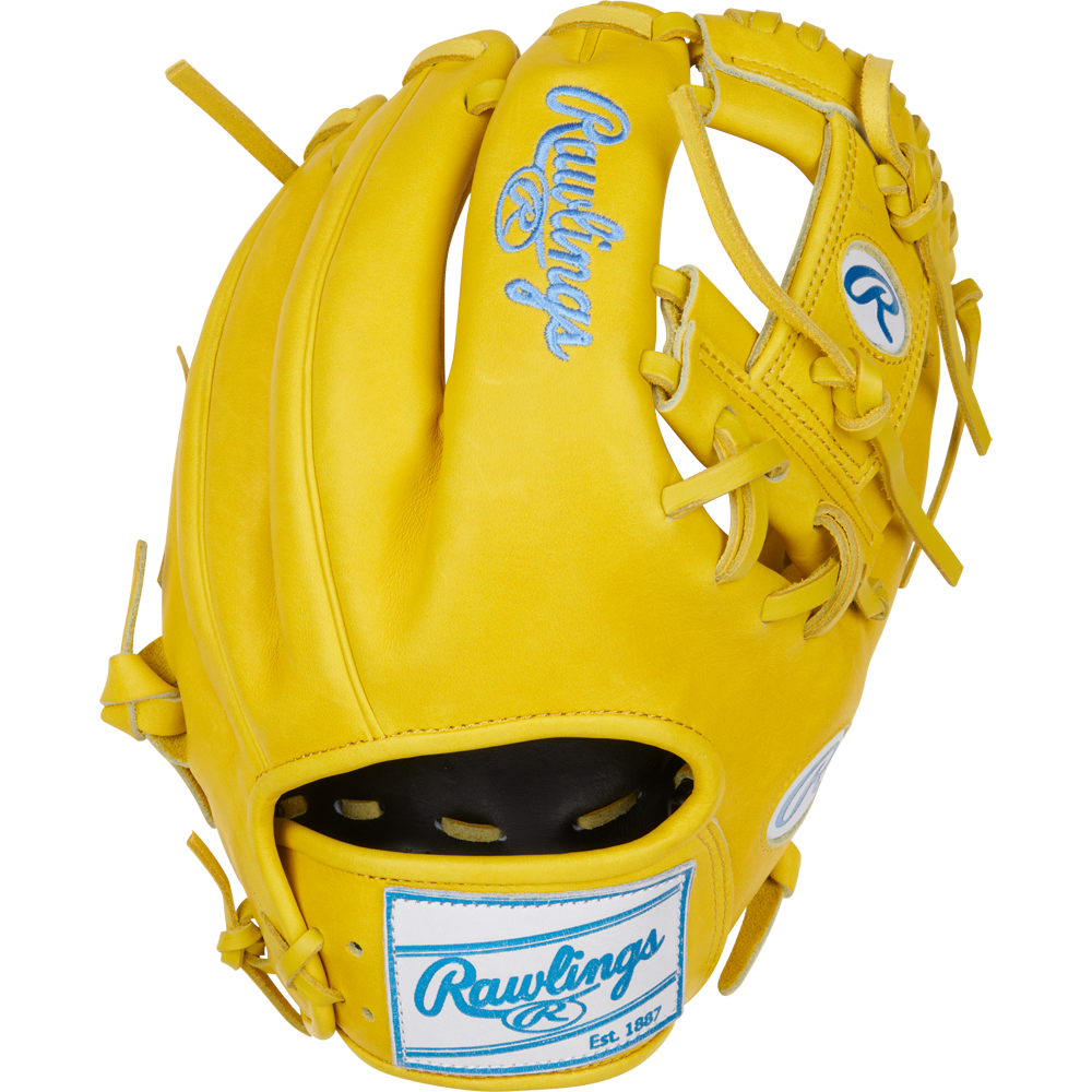 The Rawlings Heart of the Hide 11.5" Color Sync Baseball Glove (PROR204-2Y) features a bright yellow design, blue Rawlings logos and stitching, an open web, and an adjustable wrist strap for infield use.
