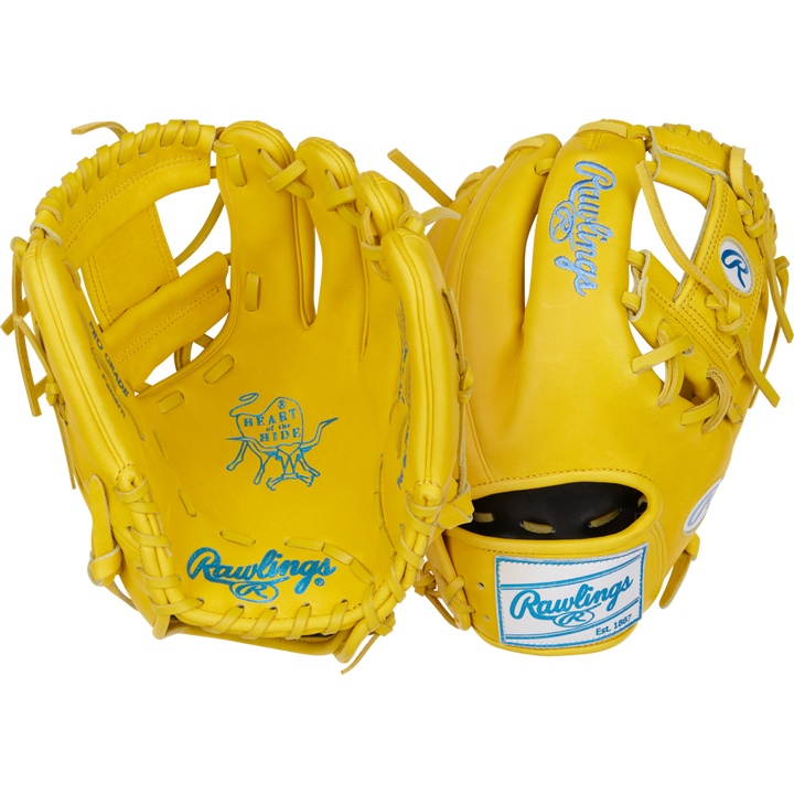 A pair of Rawlings Heart of the Hide 11.5" Color Sync baseball gloves (PROR204-2Y) in bright yellow are shown, with one displaying the palm and the other the back, both featuring blue ColorSync logos and stitching accents.