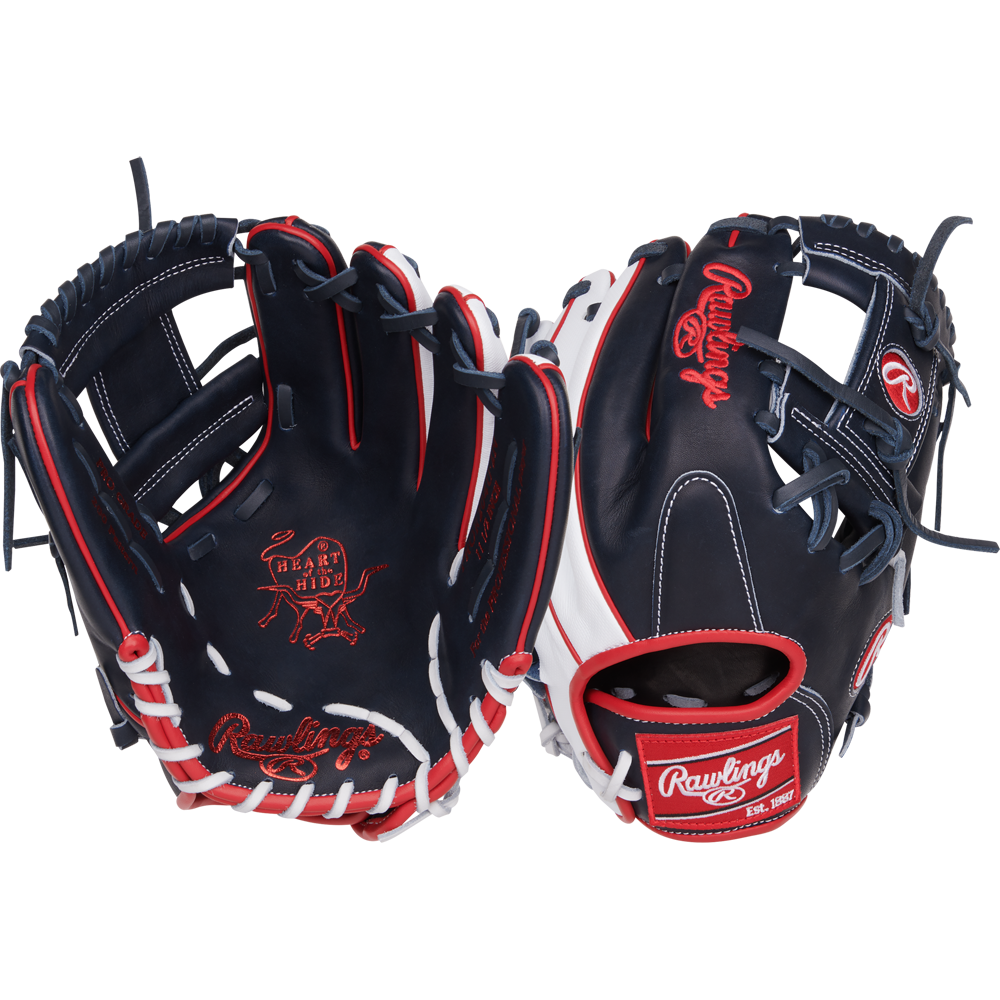 Two Rawlings Heart of the Hide ContoUR 11.5" Baseball Gloves (PROR204U-2N) in navy blue with red, white, and black accents are displayed side by side, showing both palm and back with prominent Rawlings logos.