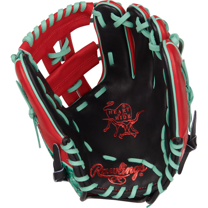 The Rawlings Heart of the Hide 11.5" Color Sync Baseball Glove (PROR204W-32BS) features black leather, red and teal laces, and a red-stitched logo on the palm—premium design ideal for infielders. Brand: Rawlings.