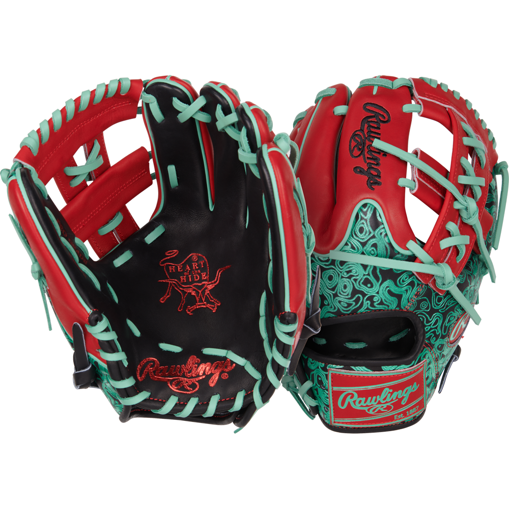 Two Rawlings Heart of the Hide 11.5" Color Sync Baseball Gloves (PROR204W-32BS) with red, black, and mint green designs, mint green laces, and logos on palm and wrist—perfect elite infield gloves.