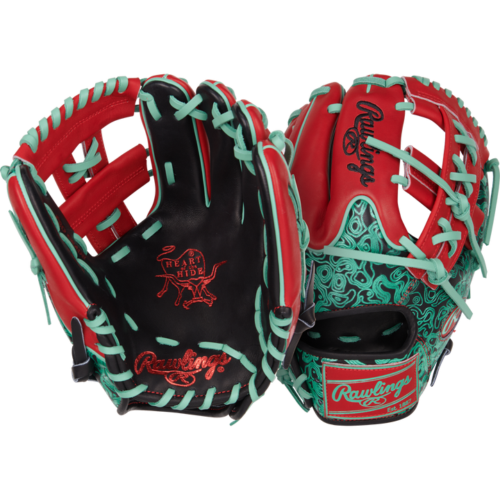 Two Rawlings Heart of the Hide 11.5" Color Sync Baseball Gloves (PROR204W-32BS) with red, black, and mint green designs, mint green laces, and logos on palm and wrist—perfect elite infield gloves.
