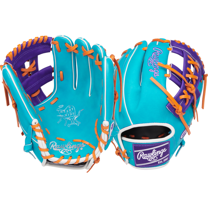 Two turquoise Rawlings Heart of the Hide 11.75" RGGC April 2025 PROR205-32TEP baseball gloves, with orange and white laces and purple accents, are displayed front and back on a white background.