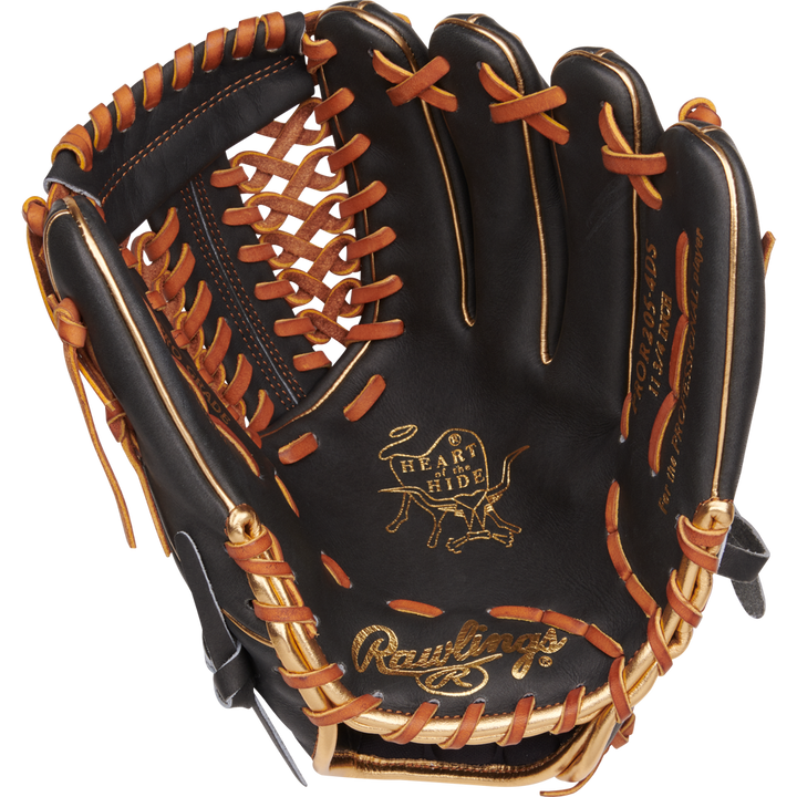 A Rawlings Heart of the Hide 11.75" Baseball Glove (PROR205-4DS) in black and brown, shown open to display its leather interior, gold stitching, and the engraved Heart of the Hide logo on the palm.