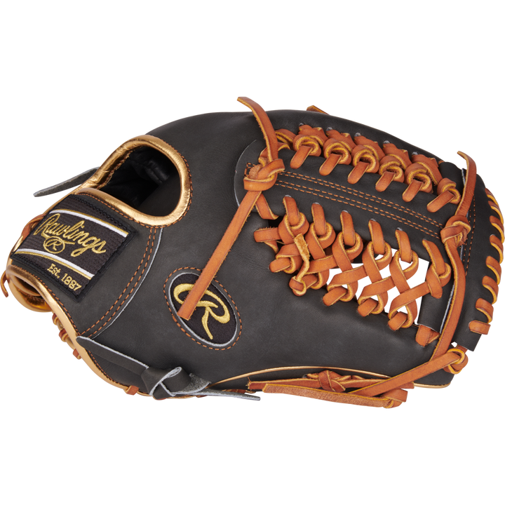 The Rawlings Heart of the Hide 11.75" Baseball Glove (PROR205-4DS) is black with tan laces and stitching, featuring the Rawlings logo and "Est. 1887" on a black and gold patch near the wrist opening.