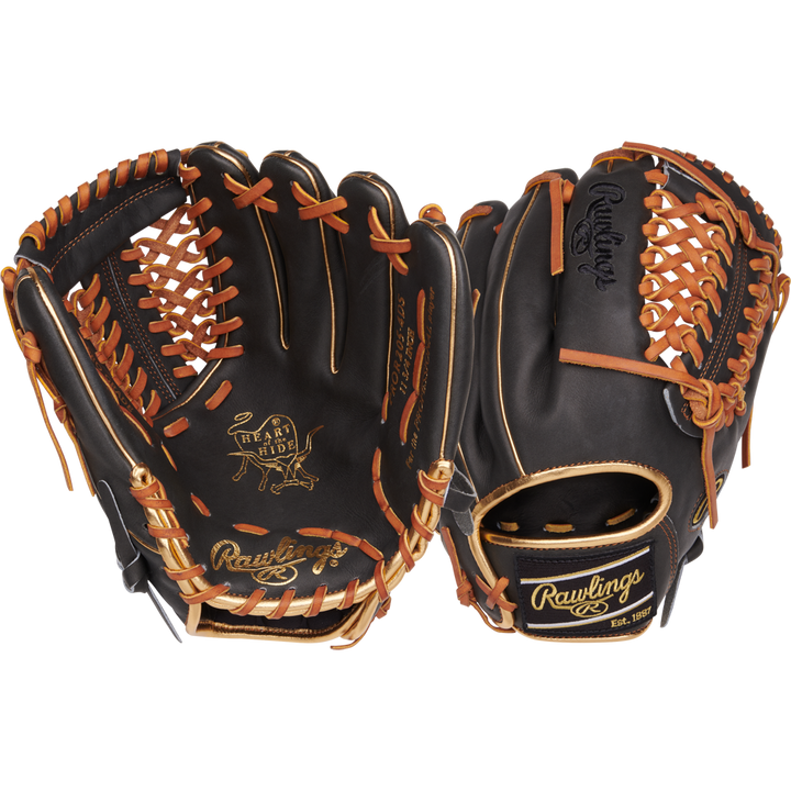 Two Rawlings Heart of the Hide 11.75" PROR205-4DS gloves with black leather, tan laces, gold Rawlings logos, and detailed stitching are shown—one palm up and one showing the back—highlighting classic craftsmanship.