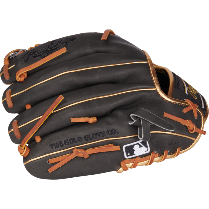 The Rawlings Heart of the Hide 11.75" Baseball Glove (PROR205-4DS) features black leather, brown laces, gold trim, and stitched THE GOLD GLOVE CO. and MLB logos—ideal for infielders seeking top performance.