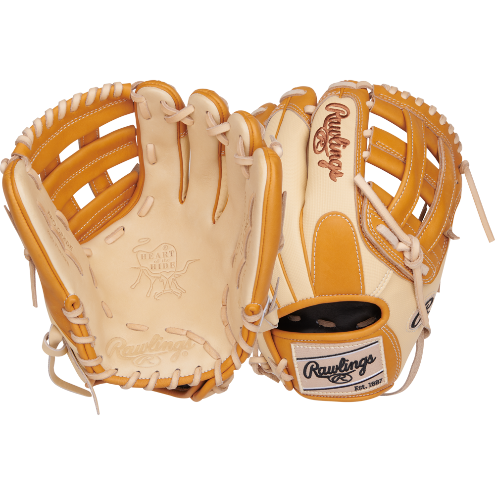 Two Rawlings Heart of the Hide 11.75" gloves (PROR205-6CTSS) are shown in tan and cream, one displaying the open palm with visible stitching and branding, the other showing laces and Speed Shell technology on the outer side.