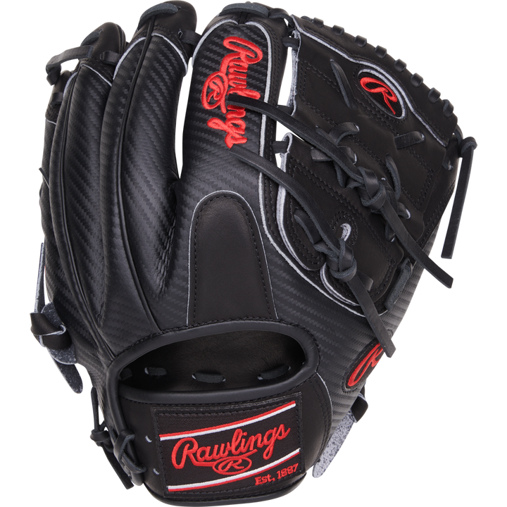 The Rawlings Heart of the Hide 11.75" Baseball Glove (PROR205-9BCFS) features a sleek black design with bold red text, perfect for infielders.