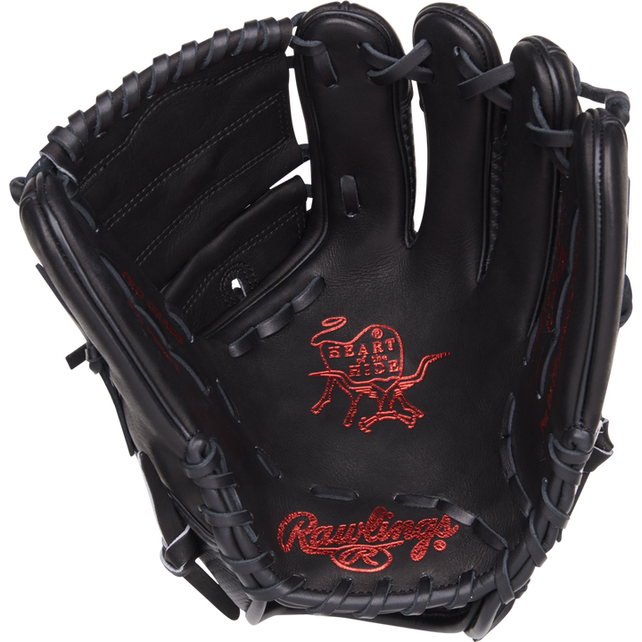The Rawlings Heart of the Hide 11.75" Baseball Glove (PROR205-9BCFS) features a black design with red stitching, iconic logos on palm and wrist, and a lightweight Hyper Shell for faster infield plays.